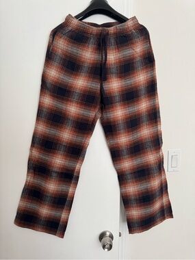 Uniqlo flannel pants women small brown checkered pull on loose pajamas sleep Lou